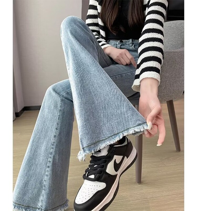 EXTRA LARGE SIZE 300 POUND RETRO BLUE HIGH-WAISTED JEANS WOMENS STRETCH THIN MM STRAIGHT LEG HIGH RAW EDGE SLIGHTLY FLARED PANTS