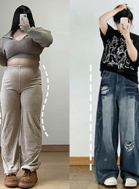 胖mm特大码女装蓝色高腰破洞弯刀牛仔裤女设计感小众宽松阔腿裤子