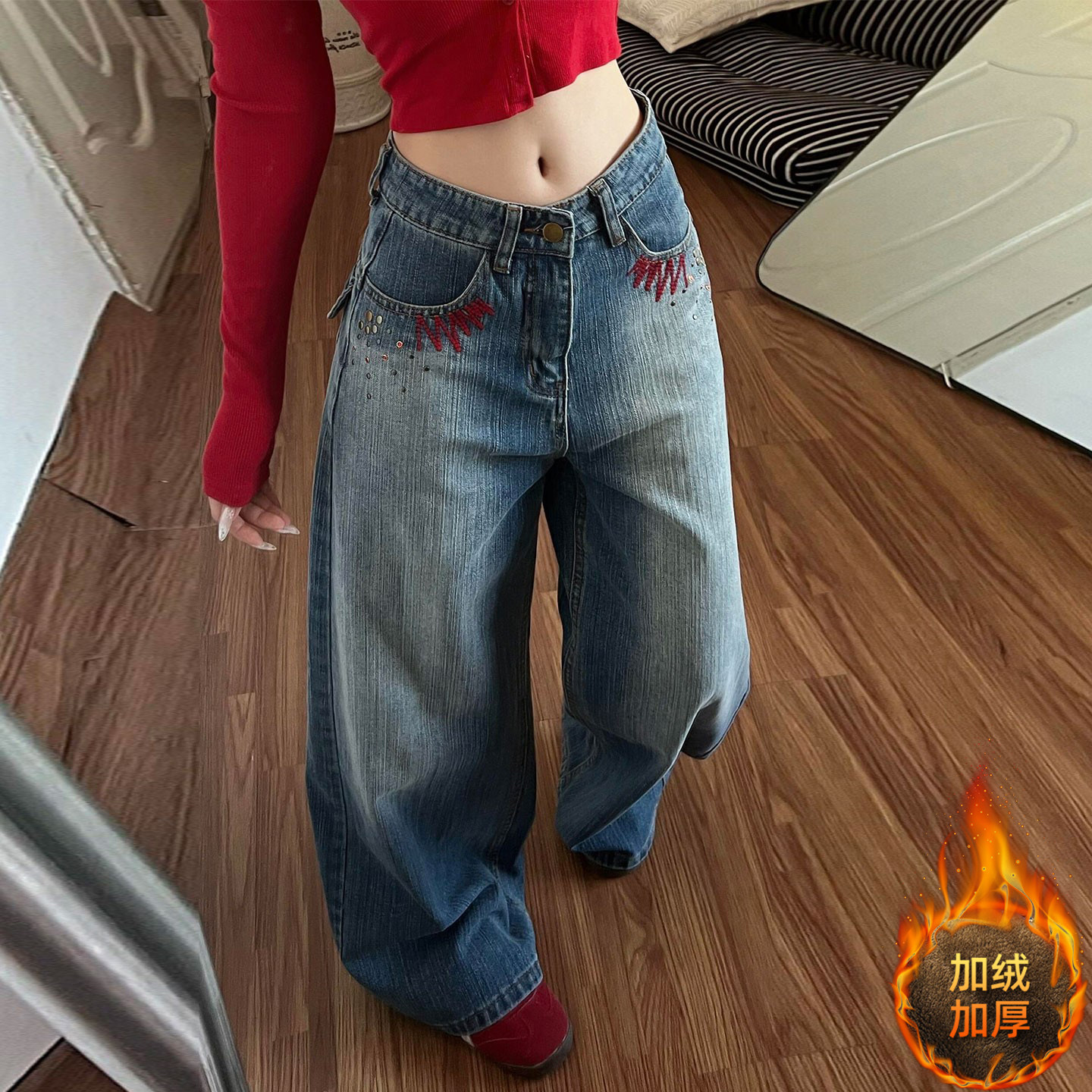 300斤大码女装美式高街蓝色加绒牛仔裤女胖mm设计感显瘦直筒裤子,女装/女士精品,大码裤装,淘宝优惠券,粉丝福利购,淘宝优惠卷