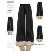 300斤大码 子 女胖mm复古显瘦阔腿裤 女装 宽松加厚保暖羊羔毛休闲裤