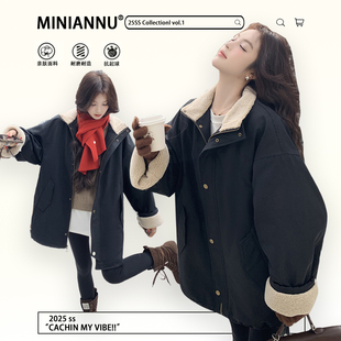 加厚ins韩版 黑色保暖羊羔毛外套女秋冬新款 宽松棉服 女装 300斤大码