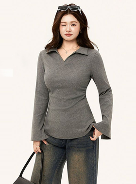 大码女装灰色POLO领长袖t恤女胖mm纯欲风性感收腰显瘦喇叭袖上衣