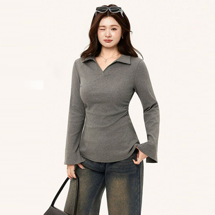 大码女装灰色POLO领长袖t恤女胖mm纯欲风性感收腰显瘦喇叭袖上衣