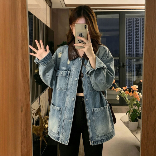 大码胖mm美式翻领减龄破洞外套女