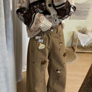 牛仔裤 胖mm复古时尚 女新款 卡其色裤 子 300斤大码 子学生阔腿裤 女装