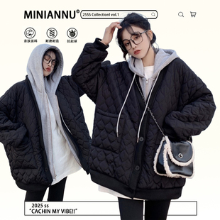 300斤特大码 黑色加厚保暖棉衣外套女胖mm简约百搭连帽假两件外套