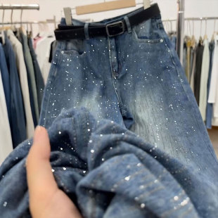 子 女宽松垂感显瘦直筒长裤 300斤特大码 胖mm蓝色满天星烫钻牛仔裤