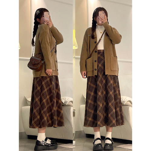 特大码美拉德风ins棕色格子裙子