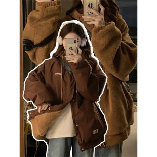 美式 双面穿羊羔毛棉服春秋新款 加厚保暖连帽棉衣外套 女装 胖mm大码