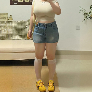 女装 显瘦a字牛仔短裤 胖mm大码 梨型身材修身 子 女夏季 高腰弹力热裤
