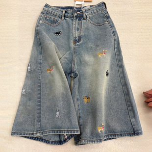 子 女胖mm复古蓝水洗阔腿短裤 300斤特大码 梨型遮胯显瘦七分牛仔裤