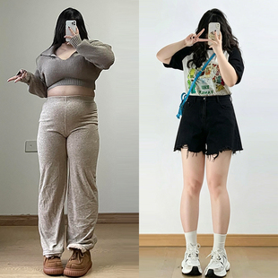 大码女装黑色毛边a字牛仔短裤女款夏季胖mm百搭休闲辣妹风热裤子