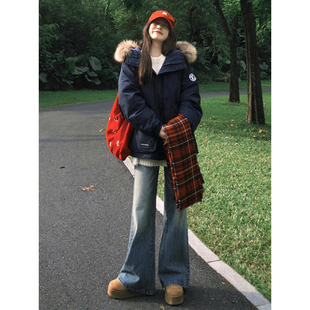 大毛领棉服女冬季 胖mm大码 复古工装 美式 连帽学生派克服外套女 女装