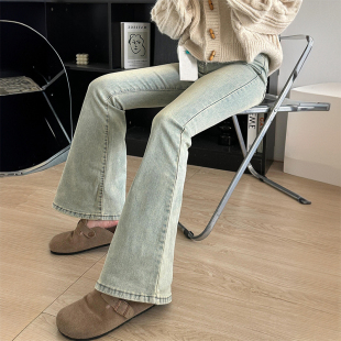 泥黄色微喇牛仔裤 美式 女胖mm修身 显瘦女裤 300斤特大码 喇叭裤 女装