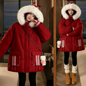 300斤大码 女装 红色本命年连帽棉衣女胖mm加厚保暖夹棉棉服外套潮
