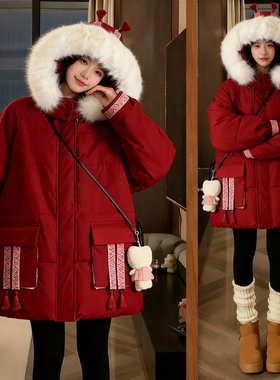 300斤大码女装红色本命年连帽棉衣女胖mm加厚保暖夹棉棉服外套潮