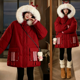 300斤大码 红色本命年连帽棉衣女胖mm加厚保暖夹棉棉服外套潮 女装