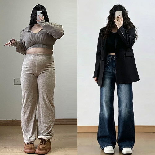 胖mm特大码美式高街微喇牛仔裤女