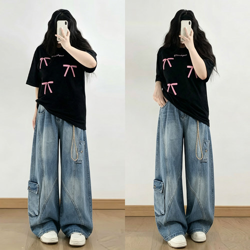 大码女装胖mm美式宽松阔腿牛仔裤