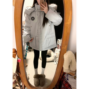 新款 胖mm大码 派克服羽绒棉服女冬季 女装 加厚连帽蓝色保暖外套 工装