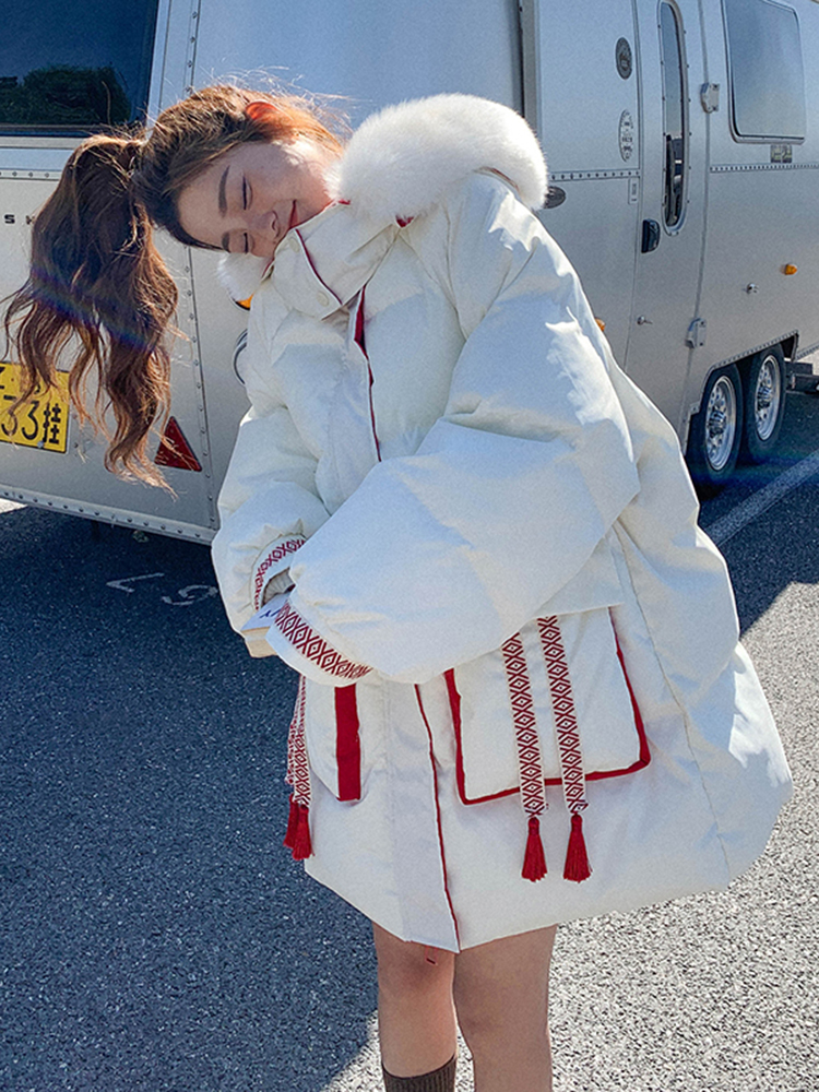 Plus Size Plus Size Women's Large Fur Collar Thickeneded Hooded Cotton Outwear Women's New Chinoiserie National Style Bread Outwear Cute Age-Reducing Outwear