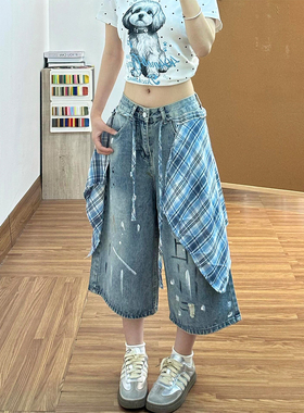 特大码蓝色水洗泼墨阔腿七分裤女款夏季胖mm梨型身材显瘦牛仔短裤