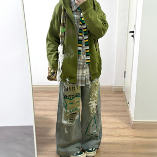 女复古街头风宽松阔腿裤 高街涂鸦破洞牛仔裤 子 美式 300斤胖mm大码