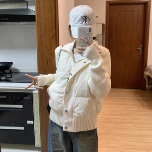 胖mm大码 白色针织拼接立领棉衣外套女防寒保暖设计感立领上衣 女装