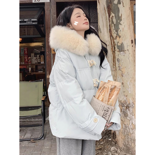 连帽加厚棉衣韩系大毛领外套 胖mm紫色牛角扣棉服女冬季 大码 女装