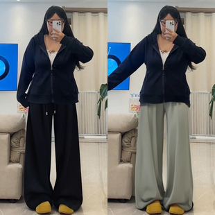 女宽松垂感显瘦百搭休闲裤 胖mm特大码 慵懒风高腰阔腿卫裤 美式 女装