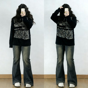 大码女装复古蓝弹力修身微喇牛仔裤女胖mm梨形报恩裤百搭喇叭裤子