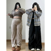 高街休闲工装 女装 裤 300斤胖mm美式 女秋季 大码 子显瘦宽松西装