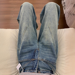 女胖mm显瘦裤 复古蓝高腰直筒牛仔裤 子美式 街头工装 大码 阔腿裤 女装