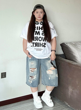 特大码胖mm美式高街显瘦破洞七分牛仔裤女夏季蓝色小众百搭短裤子