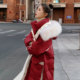胖mm大码 棉服 韩系加厚保暖长款 女装 红色大毛领连帽外套女2025新款