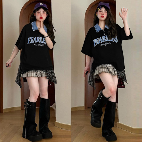 300斤特大码甜妹穿搭学院风t恤女