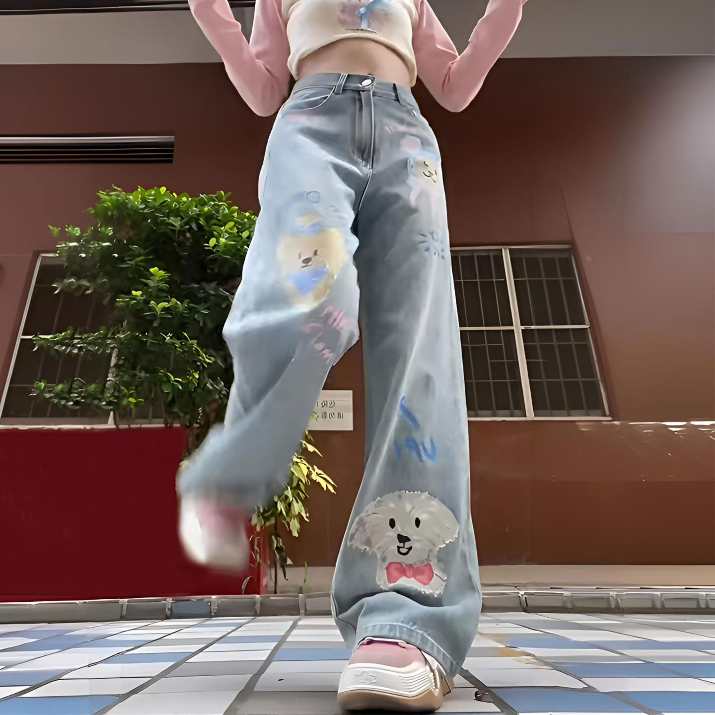 胖mm特大码女装美式卡通印花牛仔裤女韩系学院风显瘦垂感直筒裤子,女装/女士精品,大码裤装,淘宝优惠券,粉丝福利购,淘宝优惠卷