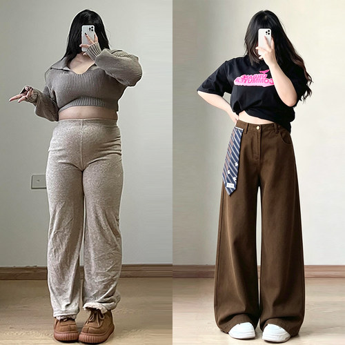 胖mm大码设计感领带拼接阔腿裤女