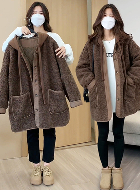 300斤特大码韩系羊羔毛外套女胖mm棕色百搭遮肉显瘦连帽棉服上衣