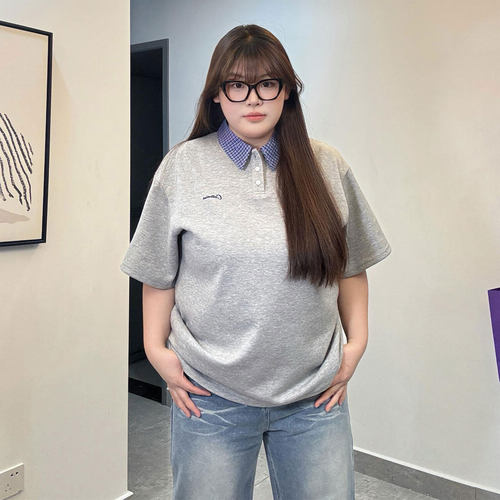 大码女装学院风格子POLO衫短袖女