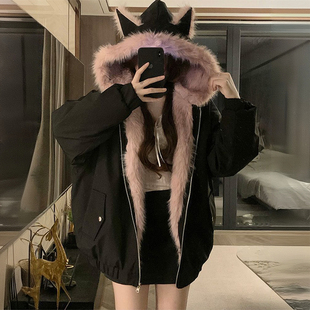 300斤特大码 黑色加厚双面穿棉服外套女胖mm防寒保暖毛绒夹克上衣