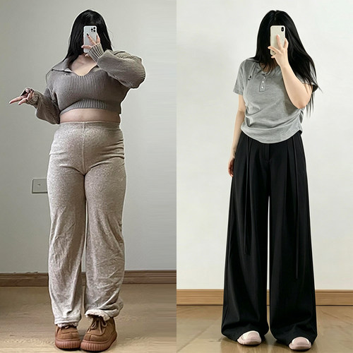大码女装胖mm系带显瘦直筒裤子女
