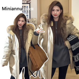设计显瘦连帽毛绒外套 加厚保暖派克棉服女胖mm美式 300斤大码 女装