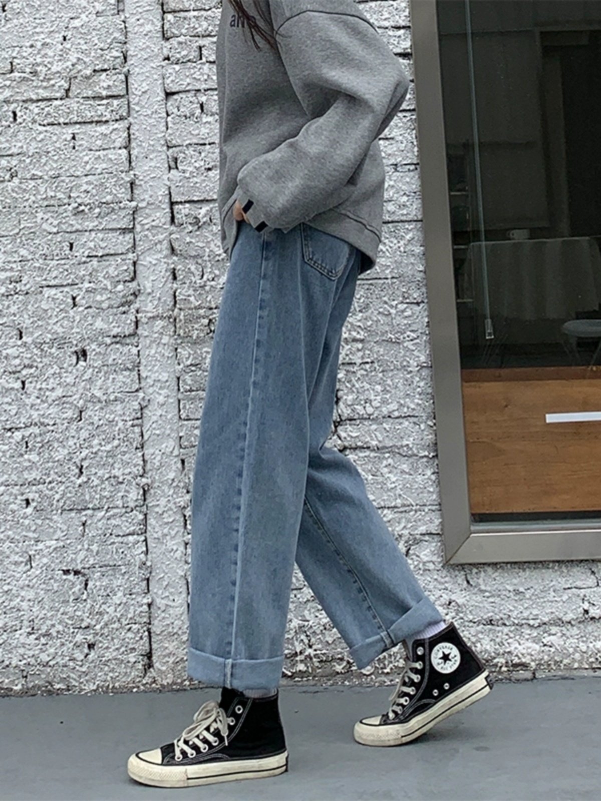 300 POUNDS EXTRA LARGE SIZE FAT MM HIGH WAIST SMOKE GRAY FLEECE THICKENED JEANS WOMENS LOOSE AND THIN STRAIGHT-LEG WIDE-LEG PANTS