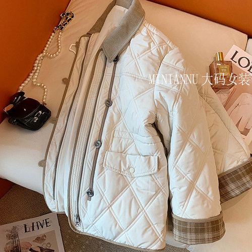 大码女装时尚百搭菱格棉袄外套女