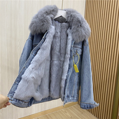 女装 韩版 ins牛仔外套女冬季 300斤特大码 时尚 洋气可拆卸毛领棉服潮