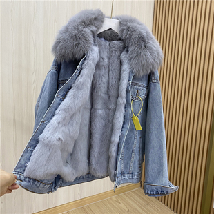 时尚 300斤特大码 ins牛仔外套女冬季 韩版 洋气可拆卸毛领棉服潮 女装