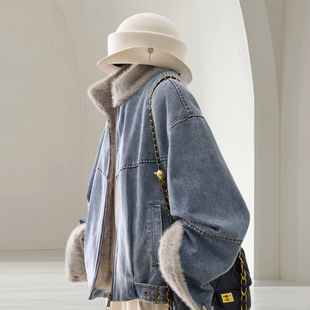 300斤大码 立领毛领拼接牛仔外套女胖mm韩系减龄气质显瘦棉服 女装