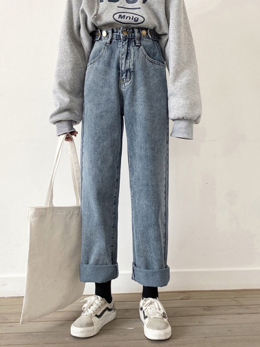 PLUS SIZE FAT MM HIGH WAIST VERSATILE SMOKE GRAY JEANS WOMENS AUTUMN AND WINTER VELVET THICKENED LOOSE STRAIGHT DAD WIDE-LEG PANTS