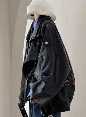 大码女装胖mm黑色简约高级感皮衣外套女美式辣妹风气质百搭上衣女